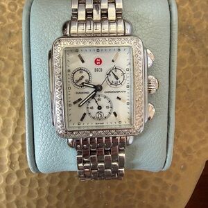 Michele Silver Diamond Bezel Deco Watch